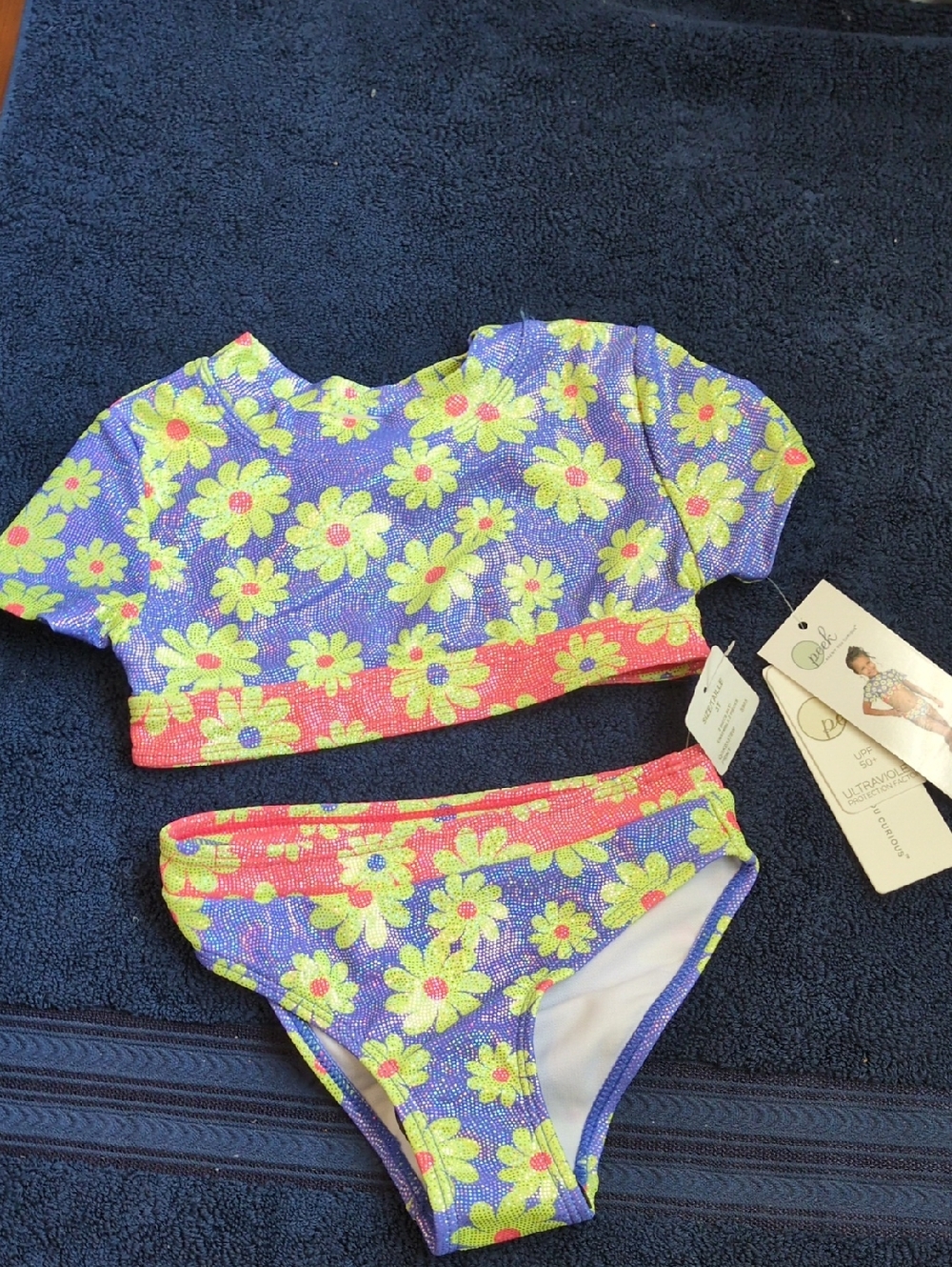 Peek Girls Two-Piece Multicolor Daisy Swim Set - Neon Yellow & Lavender 3T